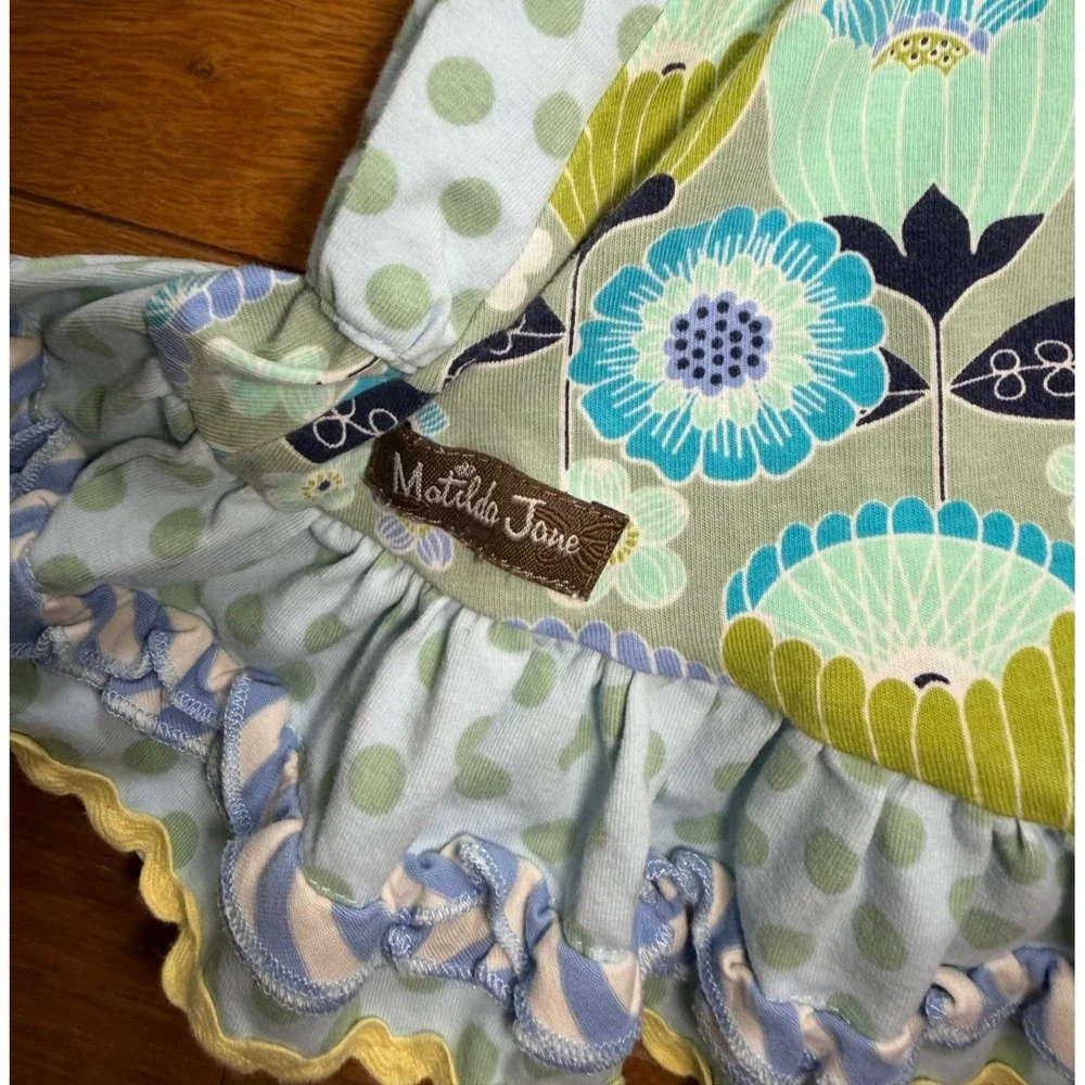 Matilda Jane Girls Size 6 Top and Skirt Set Floral Polka Dot Ruffle Mint Blue